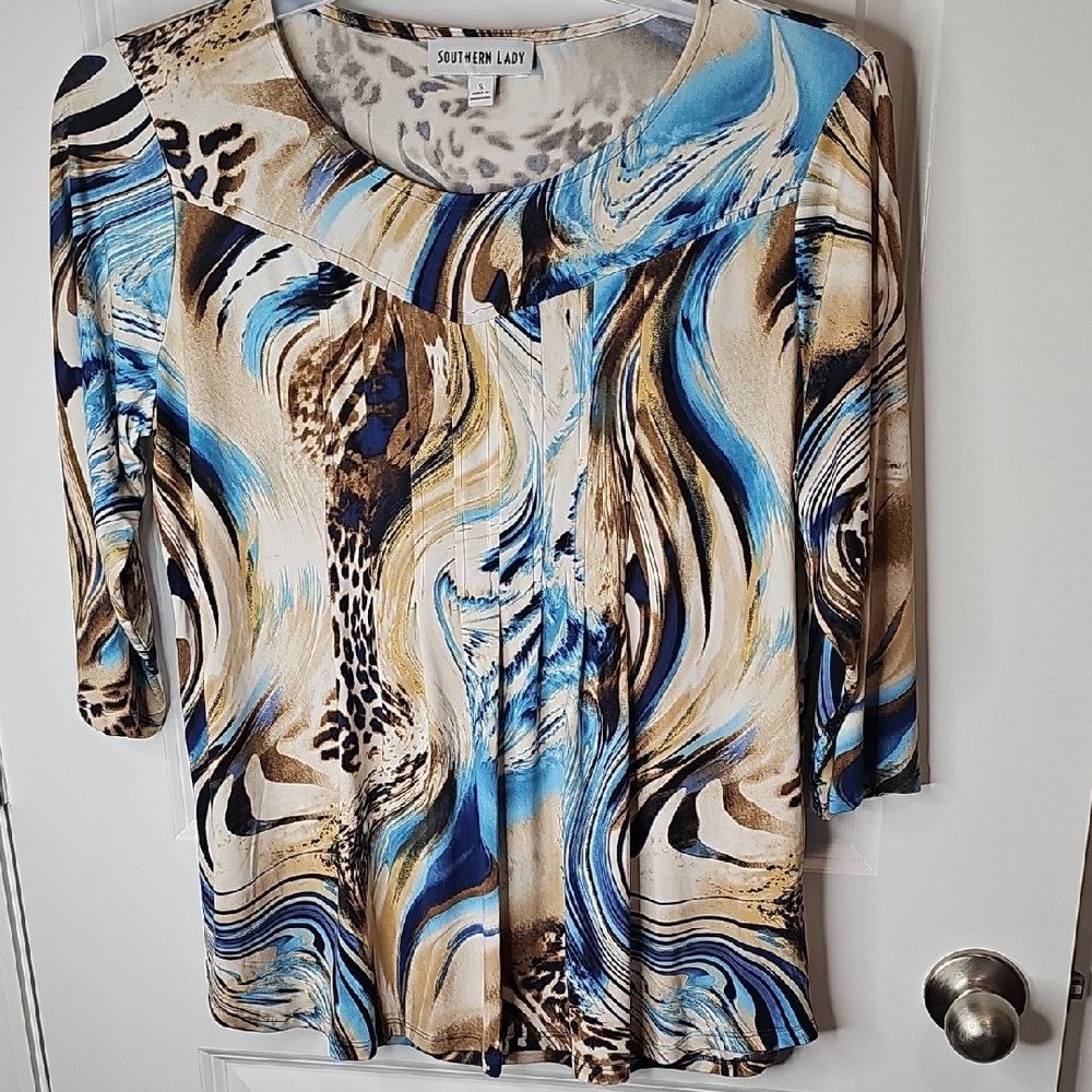Southern Lady Blue and Brown Swirl Blouse Size S